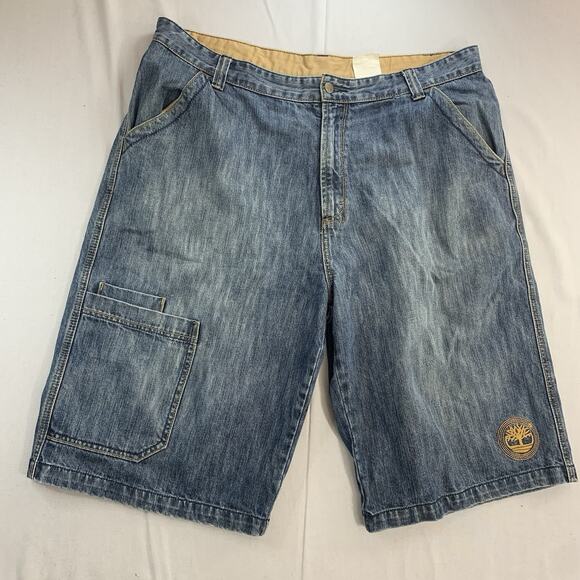 Vintage Timberland Denim Jean Shorts Jorts Size 40 Embroidered Baggy Y2K Hip Hop - Picture 1 of 9